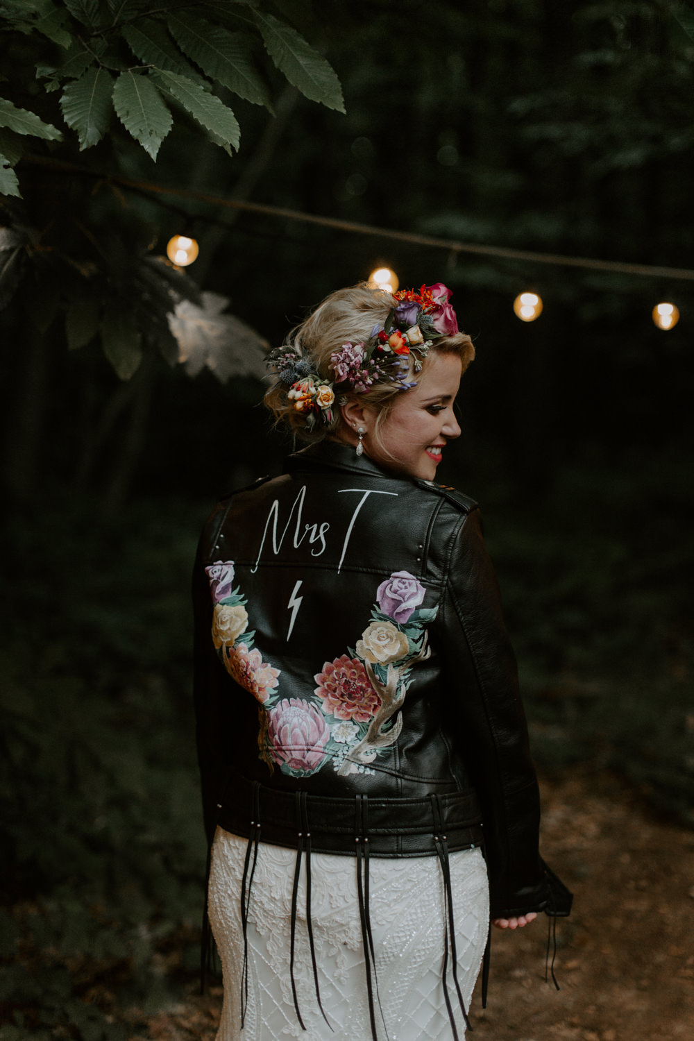 Leather Jacket Bride Bridal Tassel Fringe Personalised Painted Dreys Wedding Grace & Mitch Photo & Film