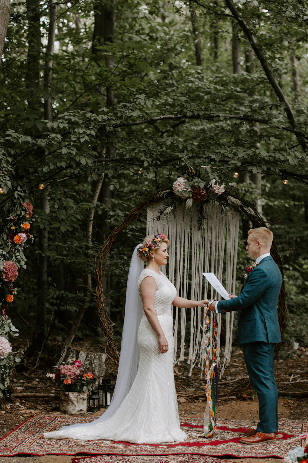 Backdrop Aisle Ceremony Willow Moongate Arch Hoop Flowers Macrame Persian Rug Dreys Wedding Grace & Mitch Photo & Film