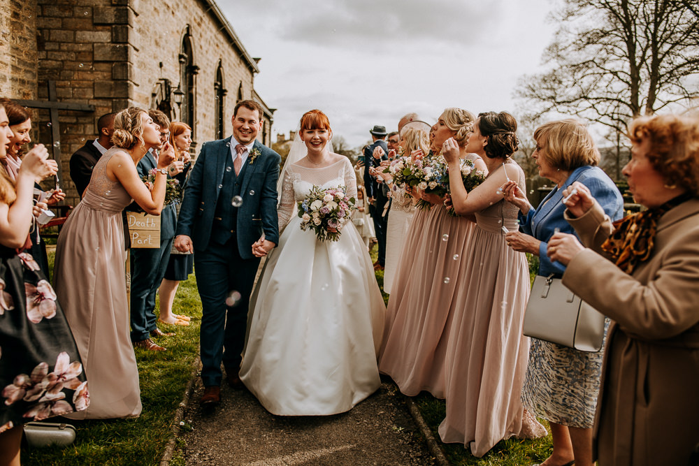 Bride Bridal Full Skirt Lace Long Sleeve Dress Gown Blue Tweed Suit Groom Veil East Riddlesden Hall Wedding M and G Photographic