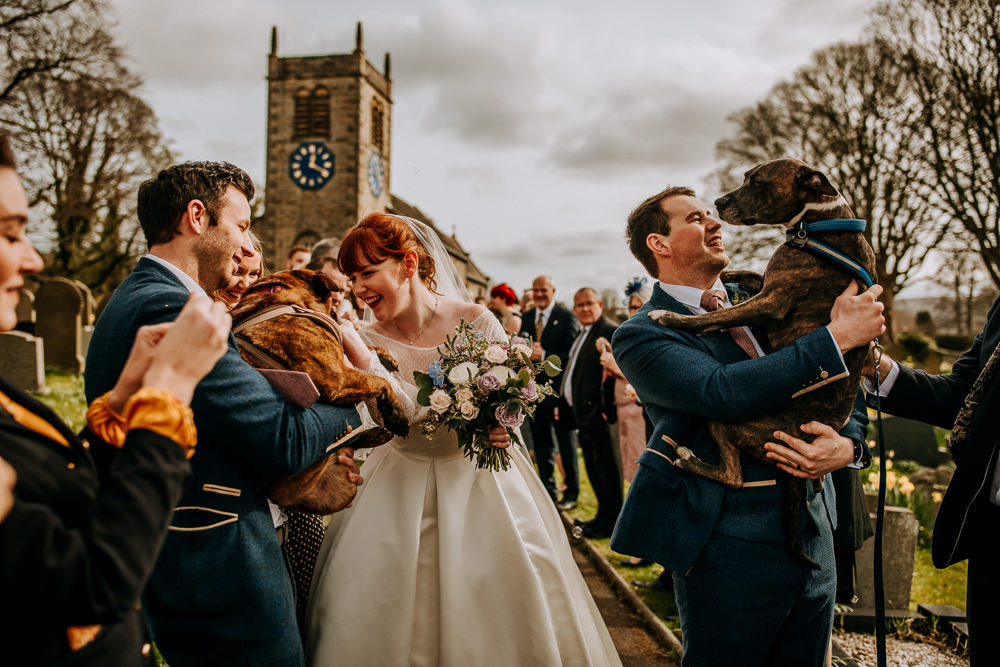 Bride Bridal Full Skirt Lace Long Sleeve Dress Gown Blue Tweed Suit Groom Veil Dogs East Riddlesden Hall Wedding M and G Photographic