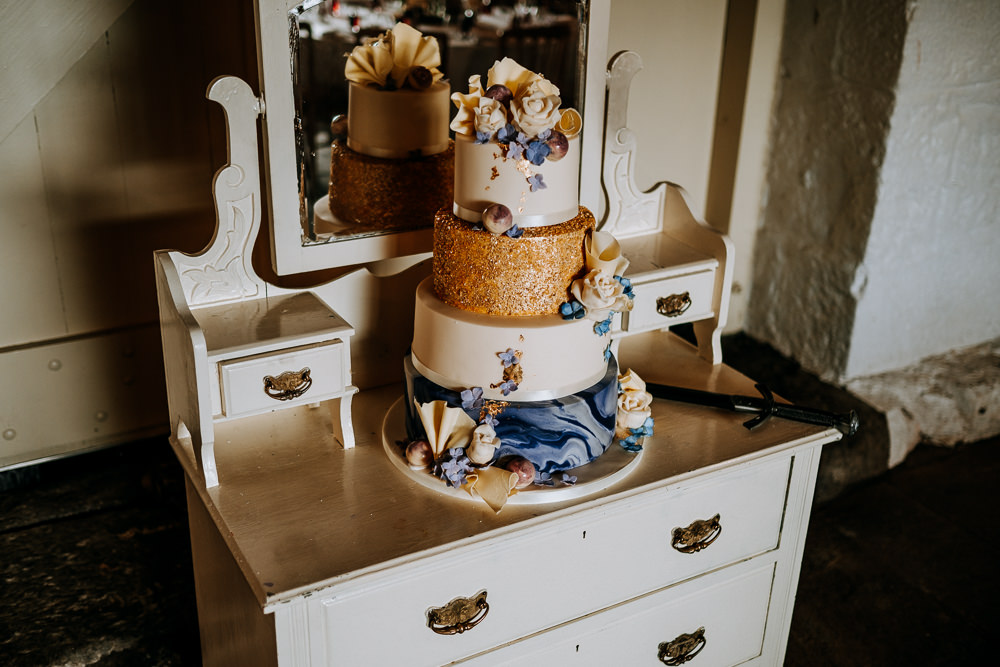 Four Tier Cake Gold Glitter Marble East Riddlesden Hall Wedding M and G Photographic