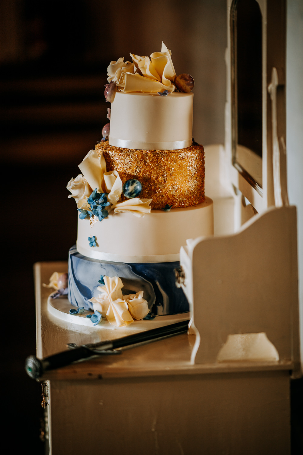 Four Tier Cake Gold Glitter Marble Fan East Riddlesden Hall Wedding M and G Photographic