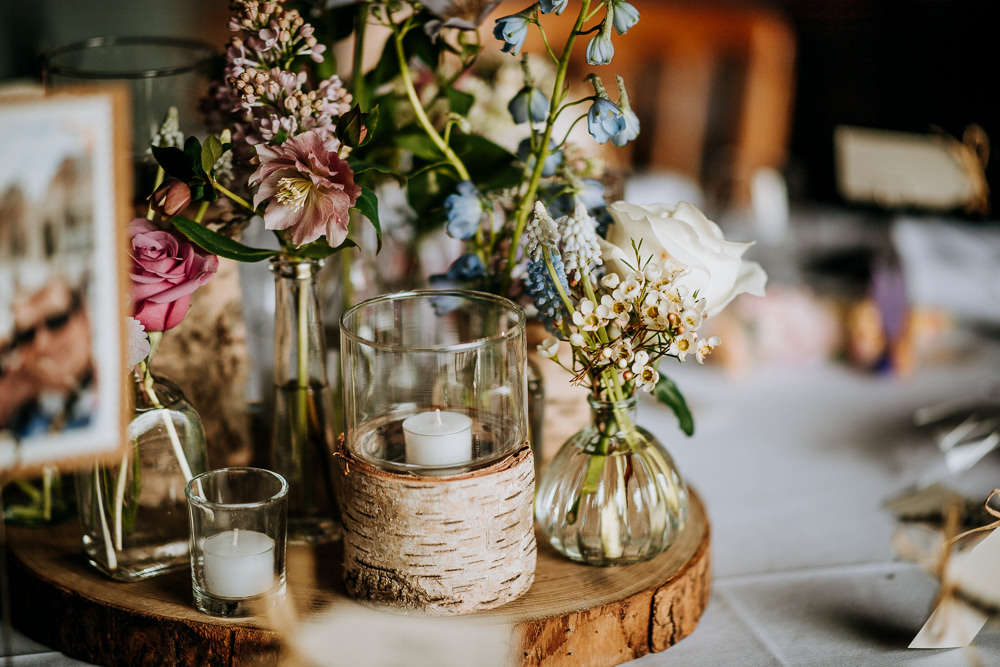 Wood Slice Table Centres Jars Candles Flowers East Riddlesden Hall Wedding M and G Photographic