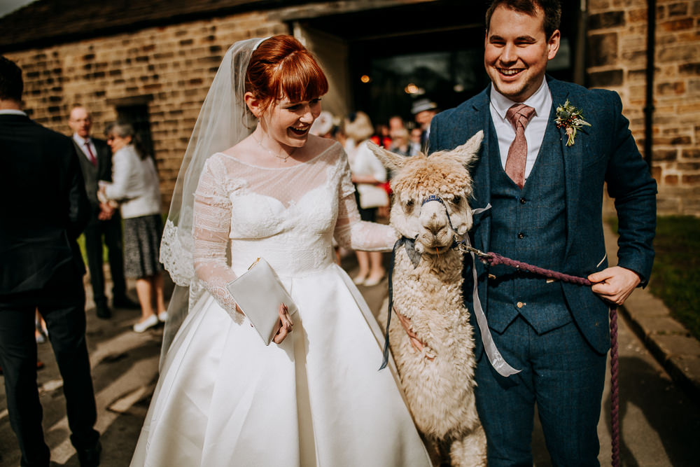 Bride Bridal Full Skirt Lace Long Sleeve Dress Gown Blue Tweed Suit Groom Veil Alpaca East Riddlesden Hall Wedding M and G Photographic