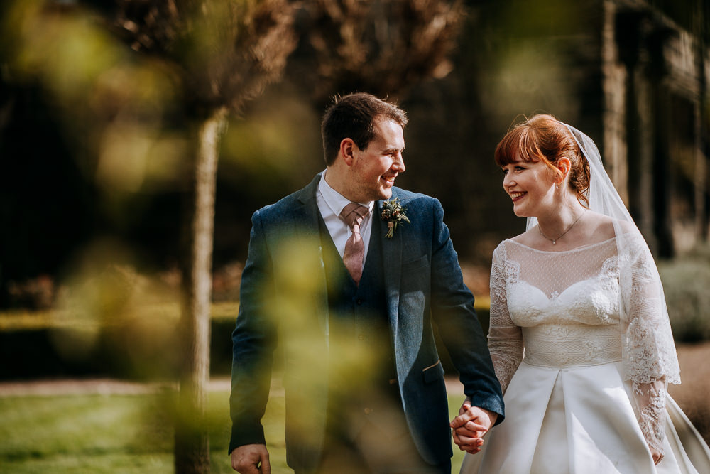 Bride Bridal Full Skirt Lace Long Sleeve Dress Gown Blue Tweed Suit Groom Veil East Riddlesden Hall Wedding M and G Photographic