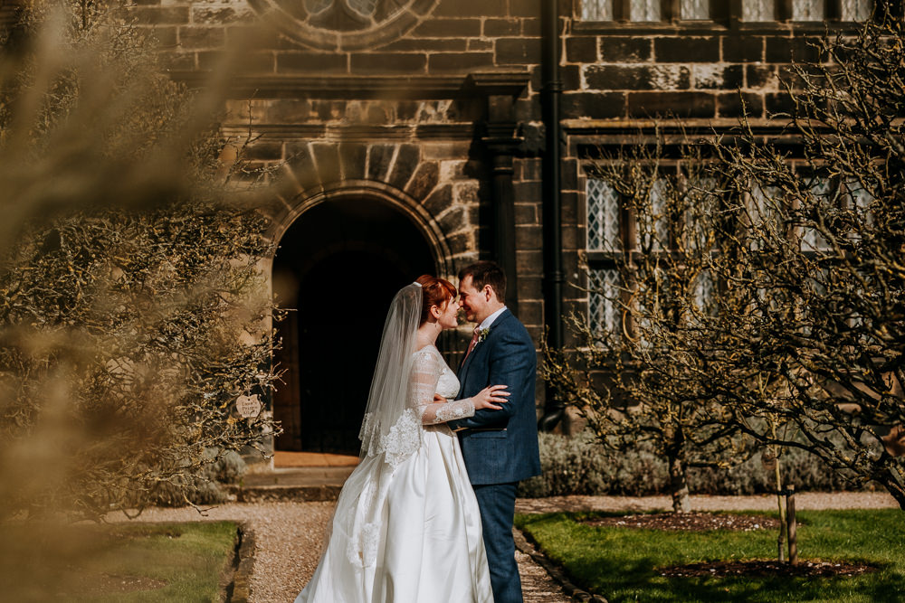 Bride Bridal Full Skirt Lace Long Sleeve Dress Gown Blue Tweed Suit Groom Veil East Riddlesden Hall Wedding M and G Photographic