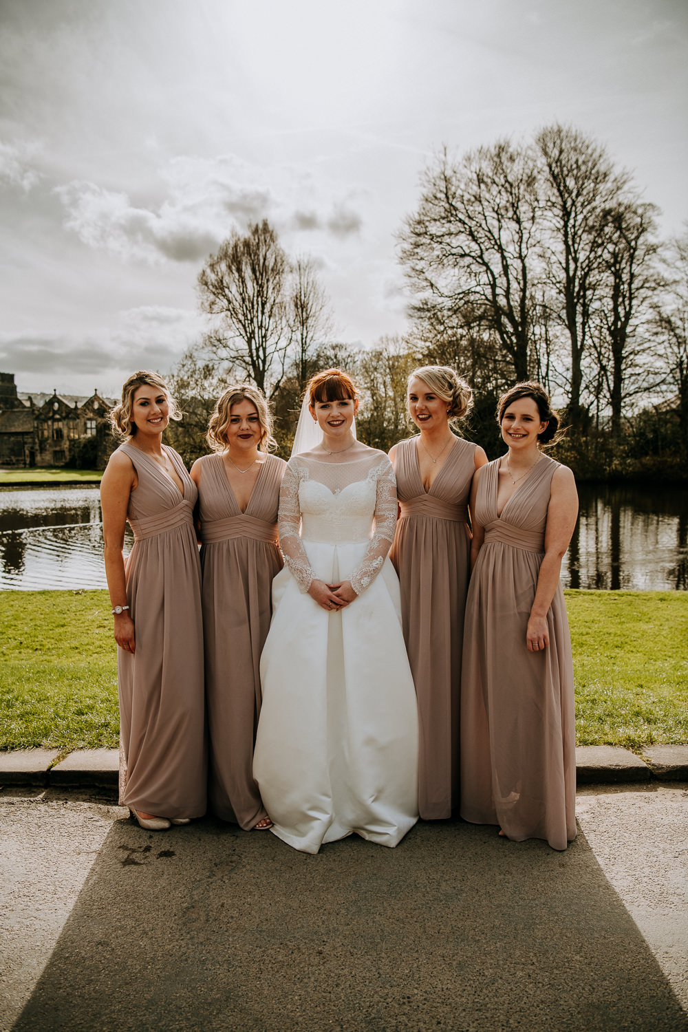 Bride Bridal Full Skirt Lace Long Sleeve Dress Gown V Neck Grecian Blush Bridesmaids Veil East Riddlesden Hall Wedding M and G Photographic