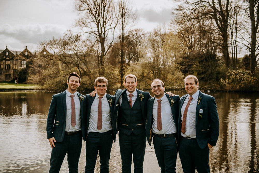 Blue Tweed Three Piece Suit Groom Groomsmen East Riddlesden Hall Wedding M and G Photographic