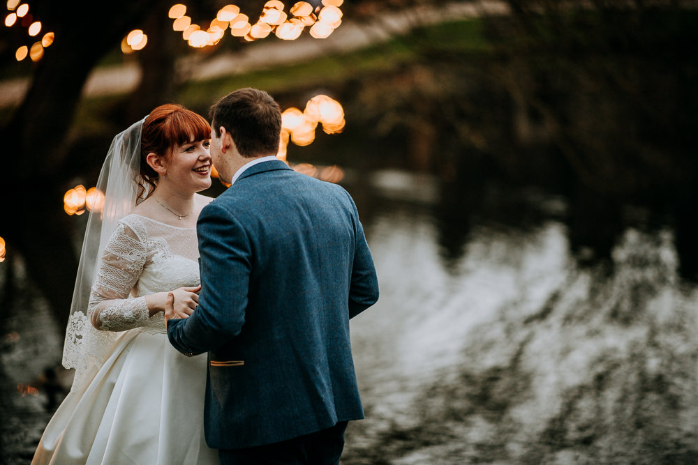 Bride Bridal Full Skirt Lace Long Sleeve Dress Gown Blue Tweed Suit Groom Veil East Riddlesden Hall Wedding M and G Photographic
