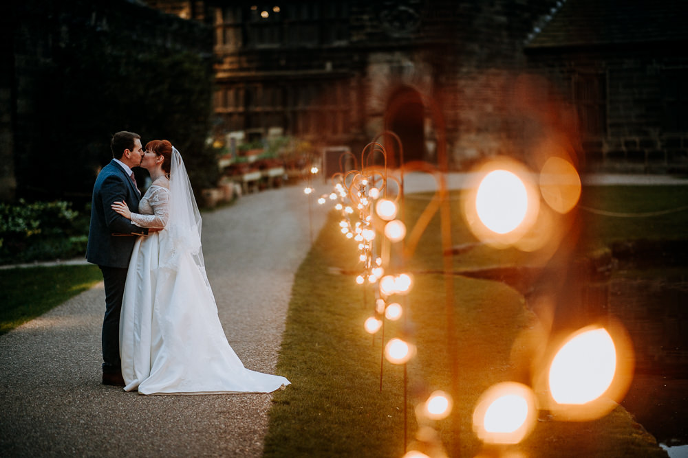 Bride Bridal Full Skirt Lace Long Sleeve Dress Gown Blue Tweed Suit Groom Veil East Riddlesden Hall Wedding M and G Photographic
