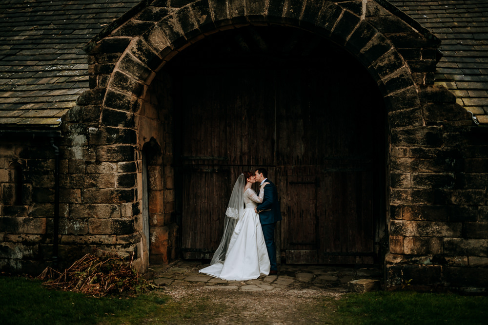Bride Bridal Full Skirt Lace Long Sleeve Dress Gown Blue Tweed Suit Groom Veil East Riddlesden Hall Wedding M and G Photographic