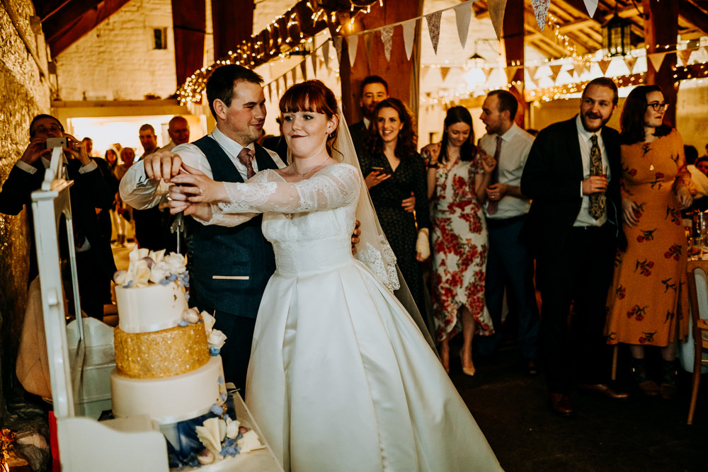 Bride Bridal Full Skirt Lace Long Sleeve Dress Gown Blue Tweed Suit Groom Veil Cake Cutting East Riddlesden Hall Wedding M and G Photographic