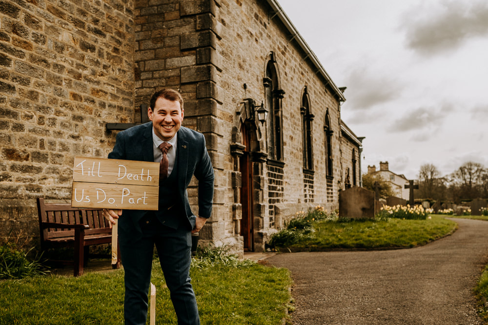 Till Death Do Us Part Sign Groomsman East Riddlesden Hall Wedding M and G Photographic