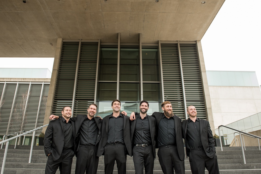 Groom Black Suit Tie Shirt Open Collar Groomsmen Greenhouse Michigan Wedding Jean Smith Photography
