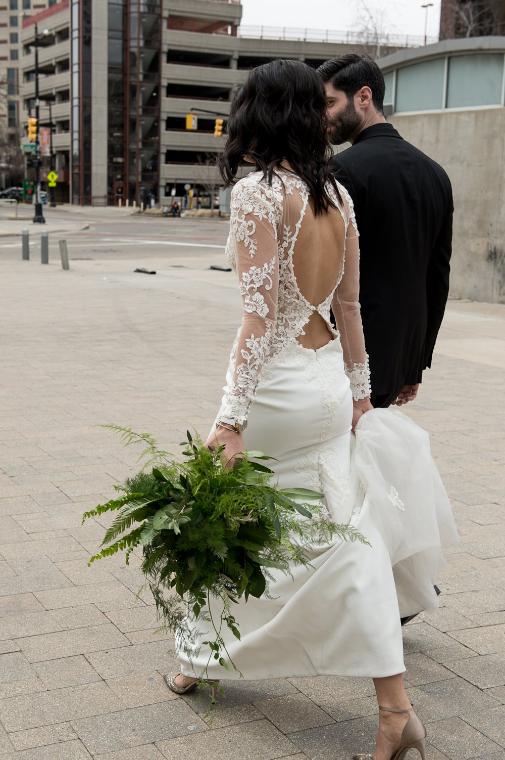 Bride Bridal Dress Gown Lace Sleeves Open Back Greenhouse Michigan Wedding Jean Smith Photography