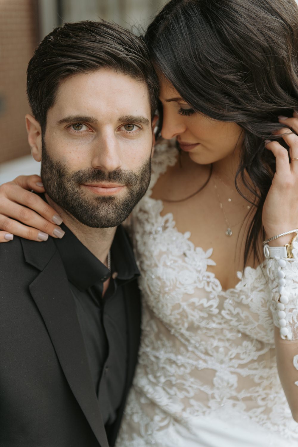 Groom Black Suit Tie Shirt Open Collar Greenhouse Michigan Wedding Jean Smith Photography