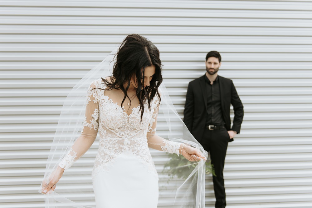 Bride Bridal Dress Gown Lace Sleeves Open Back Veil Greenhouse Michigan Wedding Jean Smith Photography