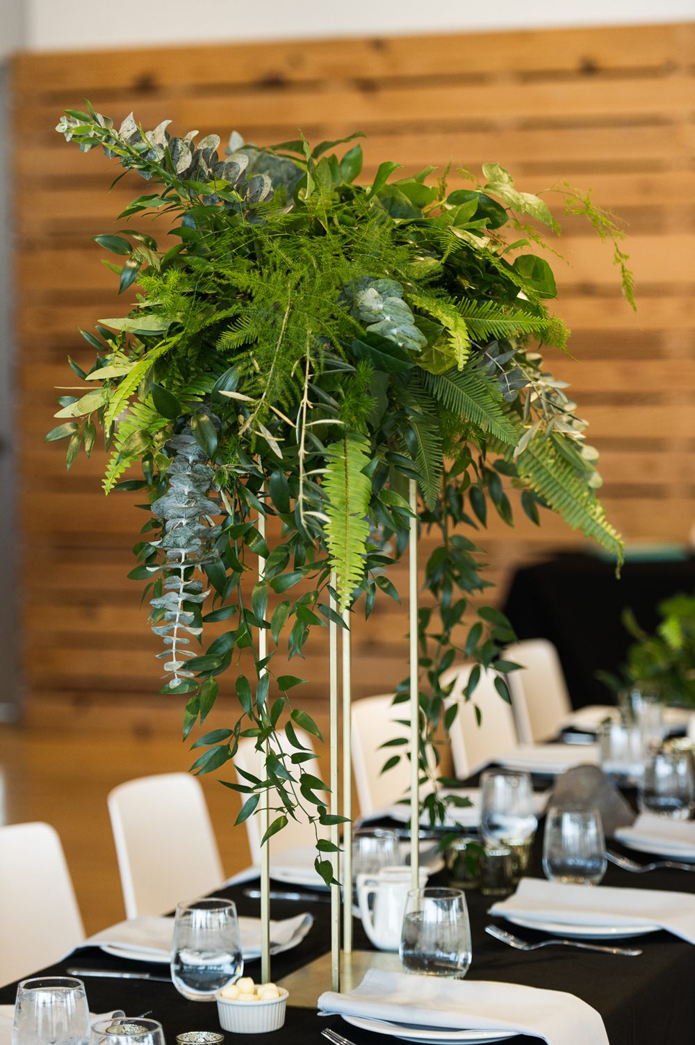 Centrepiece Table Decor Tall Greenery Foliage Fern Botanical Greenhouse Michigan Wedding Jean Smith Photography