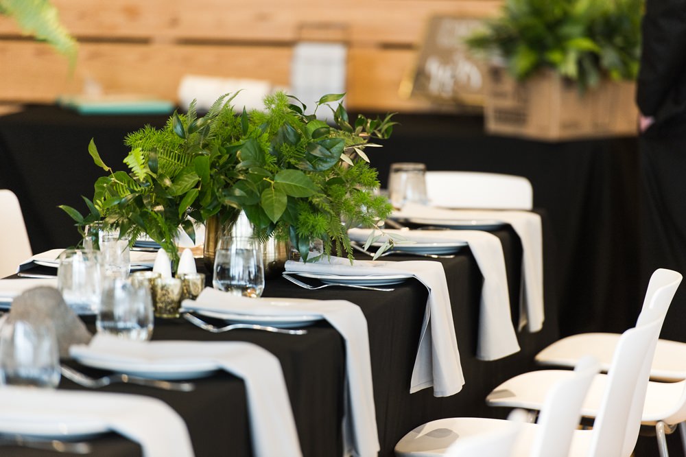 Monochrome Tables Greenery Foliage Botanical Flowers Decor Greenhouse Michigan Wedding Jean Smith Photography