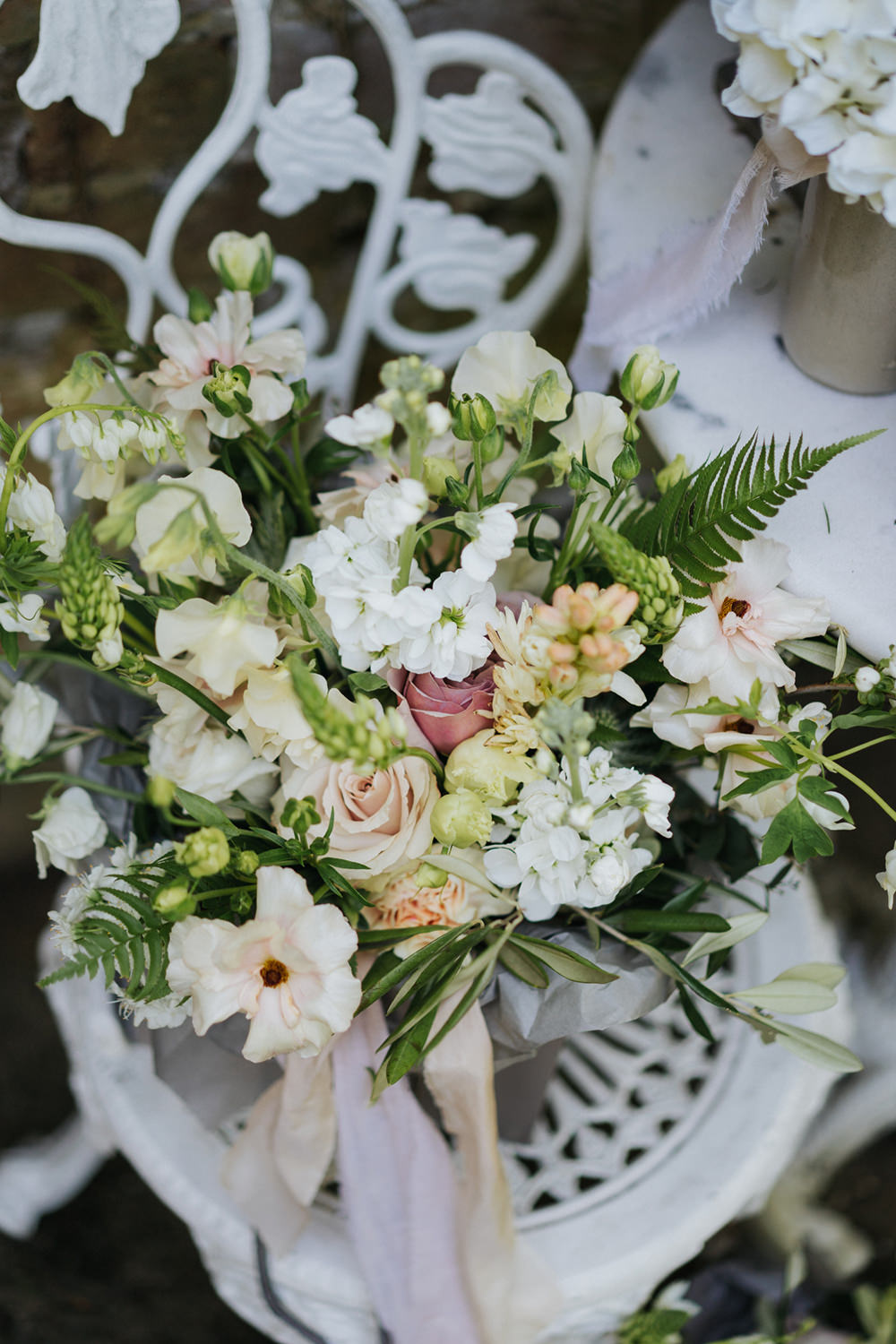 Bouquet Flowers Bride Bridal Wild Natural Dusky Pink Ribbon Peony Stocks Rose Greenery Foliage Greenhouse Wedding Kit Myers Photography