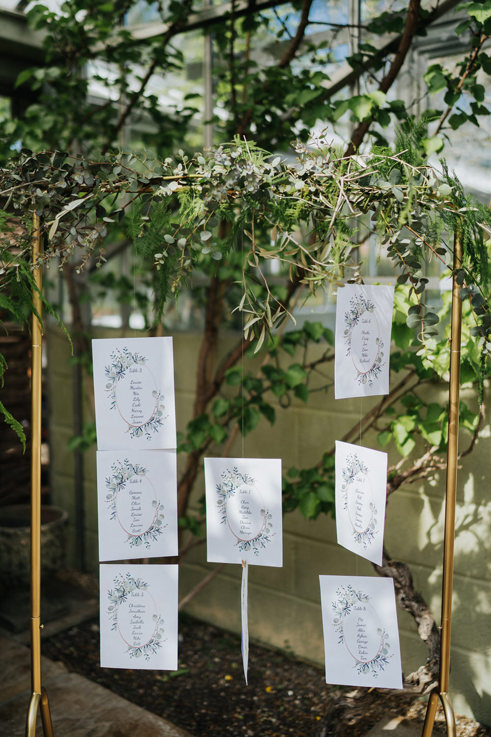 Seating Plan Table Chart Gold Frame Hanging Suspended Greenery Foliage Greenhouse Wedding Kit Myers Photography