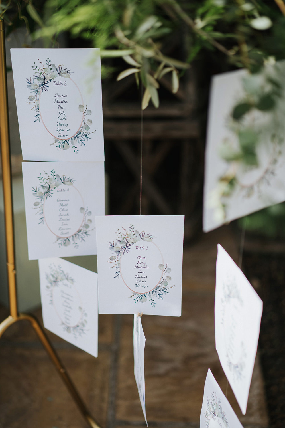 Seating Plan Table Chart Gold Frame Hanging Suspended Greenery Foliage Greenhouse Wedding Kit Myers Photography