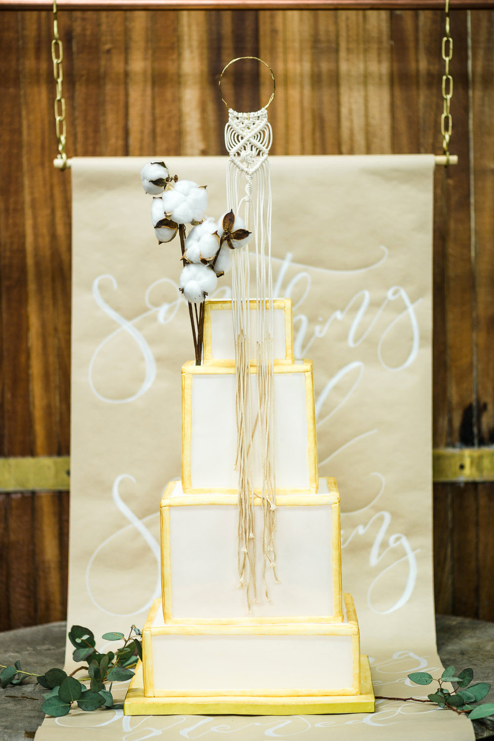 Cake Table Dessert Banner Sign Backdrop Calligraphy Gold Macrame Indie Wedding Ideas Kat Antos-Lewis Photography