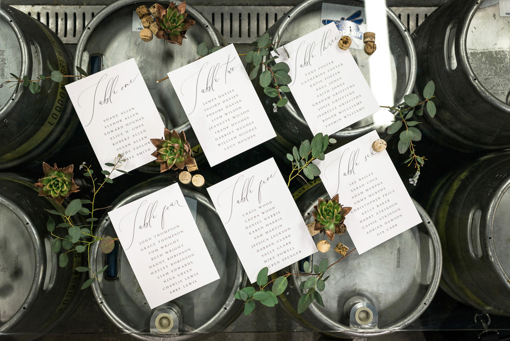 Beer Barrel Seating Plan Table Chart Calligraphy Greenery Indie Wedding Ideas Kat Antos-Lewis Photography