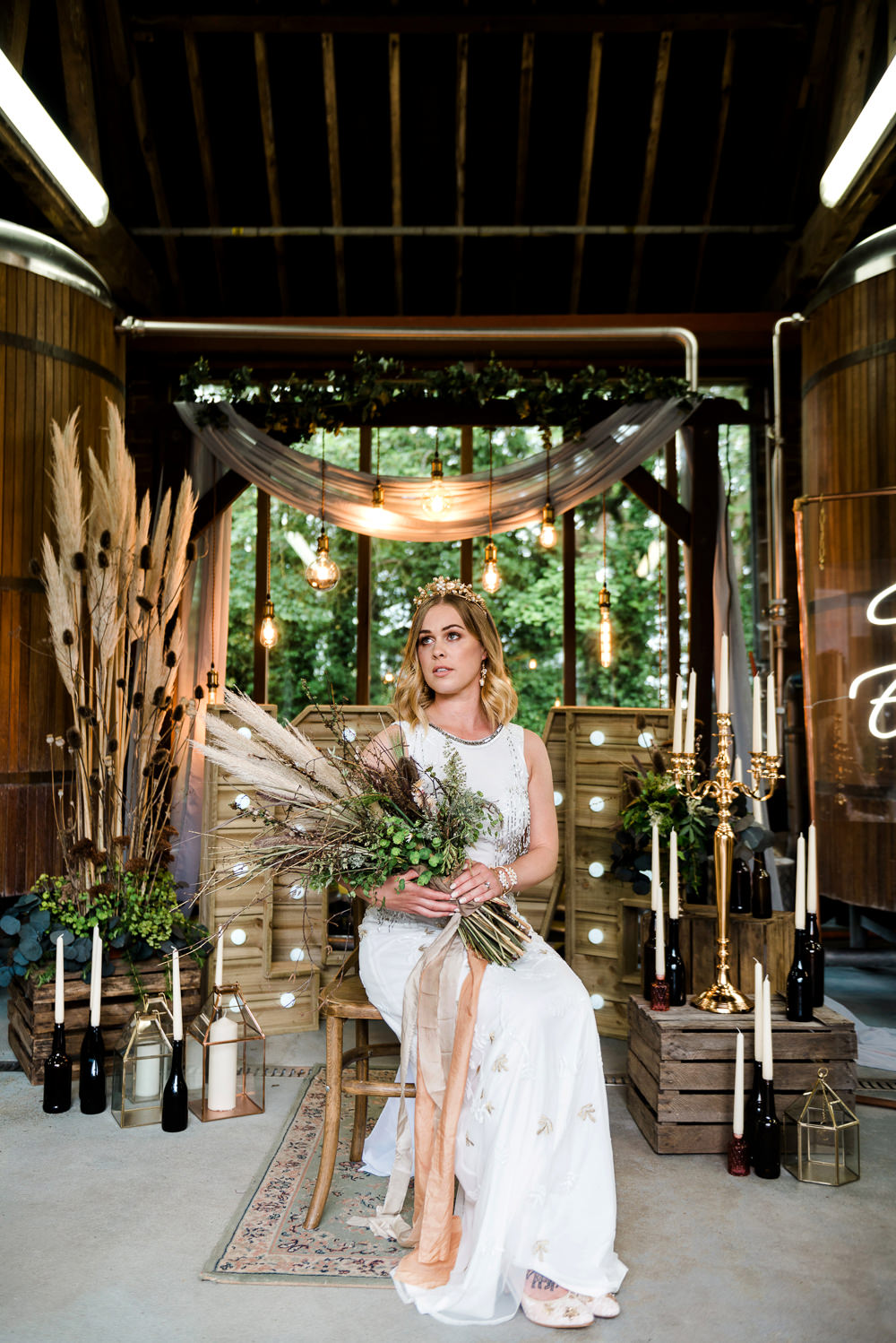 Decor Decoration Backdrop Ceremony Fetoon Lights Edison Lightbulbs Flower Arch Pampas Grass Crates Candles LOVE Letters Indie Wedding Ideas Kat Antos-Lewis Photography