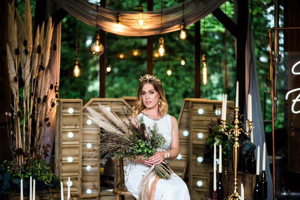 Bouquet Flowers Bride Bridal Ribbon Pampass Grass Dried Thistles Poppy Heads Seeds Indie Wedding Ideas Kat Antos-Lewis Photography