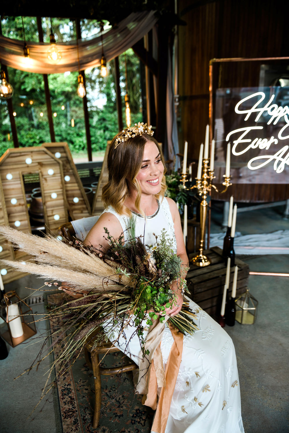 Bouquet Flowers Bride Bridal Ribbon Pampass Grass Dried Thistles Poppy Heads Seeds Indie Wedding Ideas Kat Antos-Lewis Photography