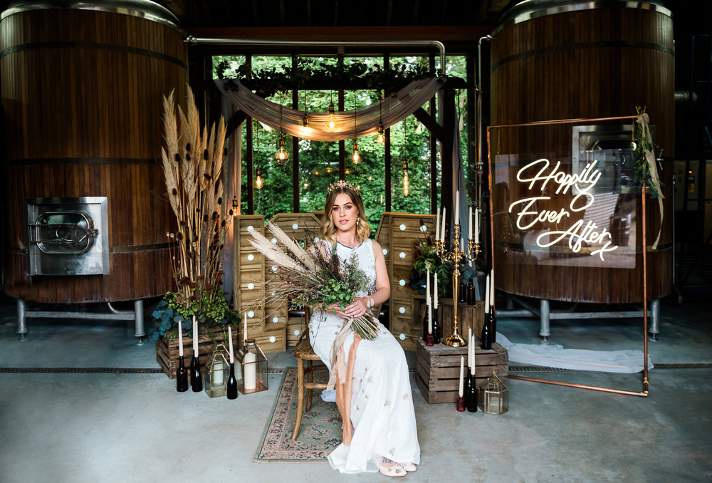 Decor Decoration Backdrop Ceremony Fetoon Lights Edison Lightbulbs Flower Arch Pampas Grass Crates Candles LOVE Letters Neon Sign Signs Signage Indie Wedding Ideas Kat Antos-Lewis Photography