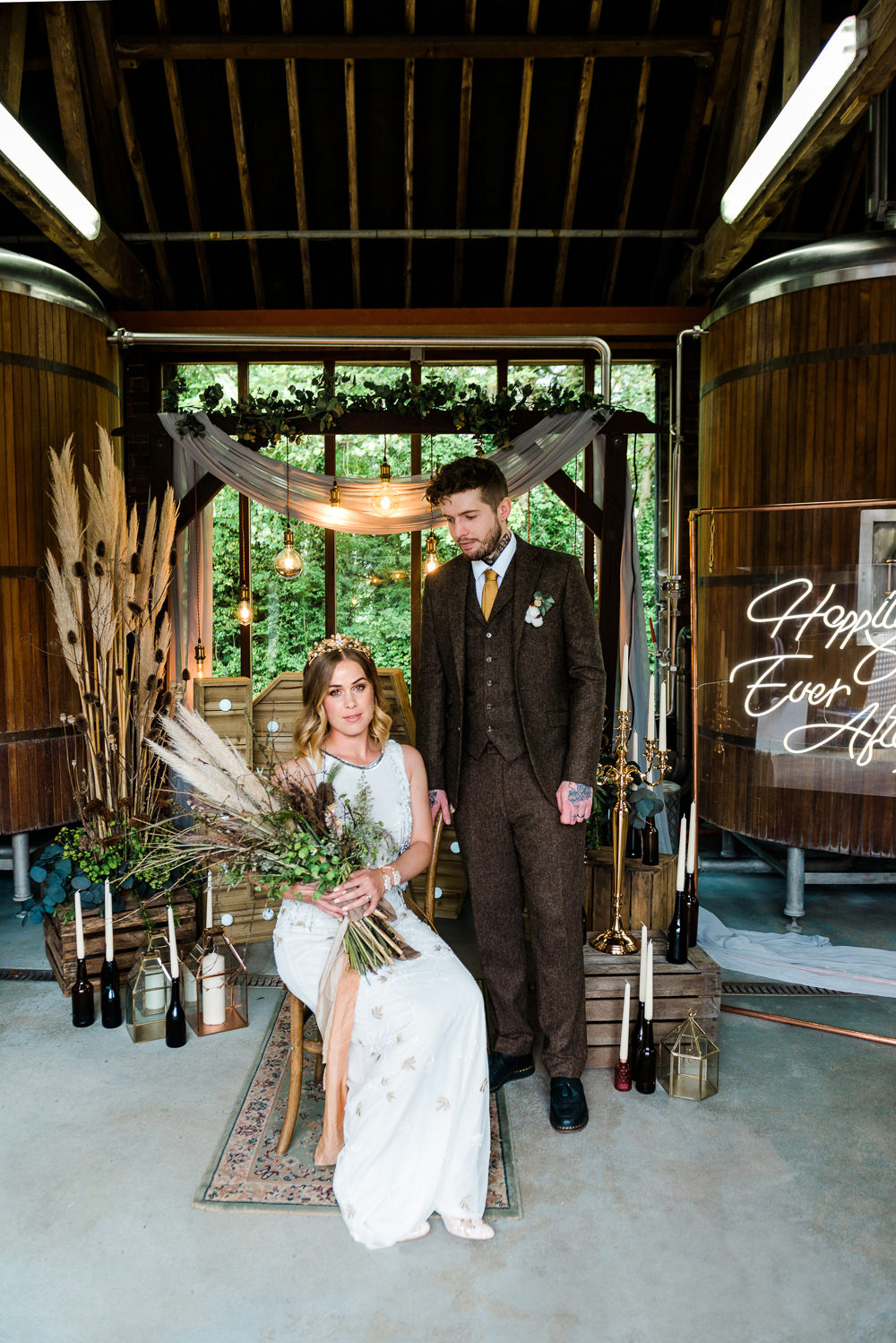 Decor Decoration Backdrop Ceremony Fetoon Lights Edison Lightbulbs Flower Arch Pampas Grass Crates Candles LOVE Letters Neon Sign Signage Signs Indie Wedding Ideas Kat Antos-Lewis Photography