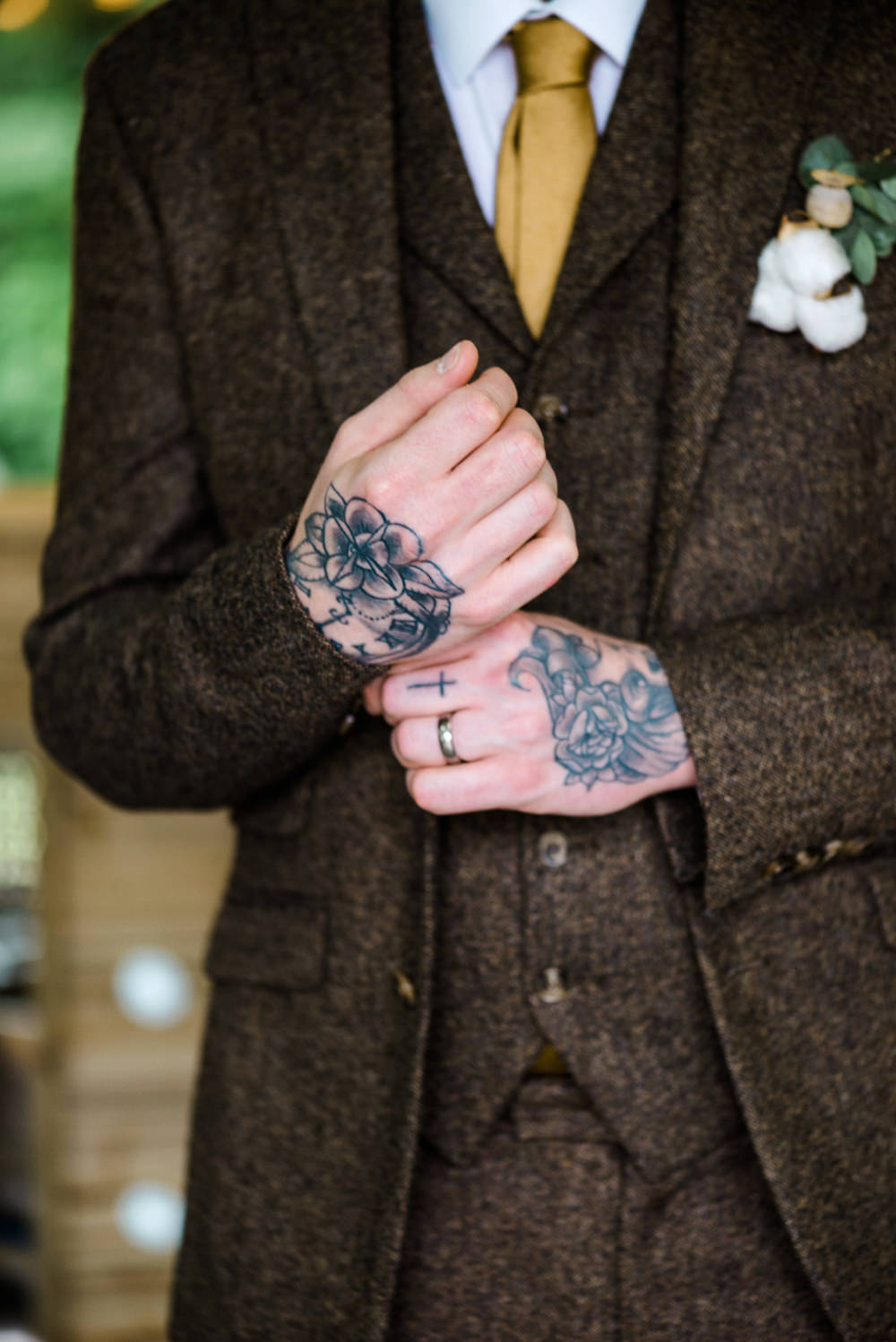Groom Suit Brown Tweed Gold Tie Waistcoat Indie Wedding Ideas Kat Antos-Lewis Photography