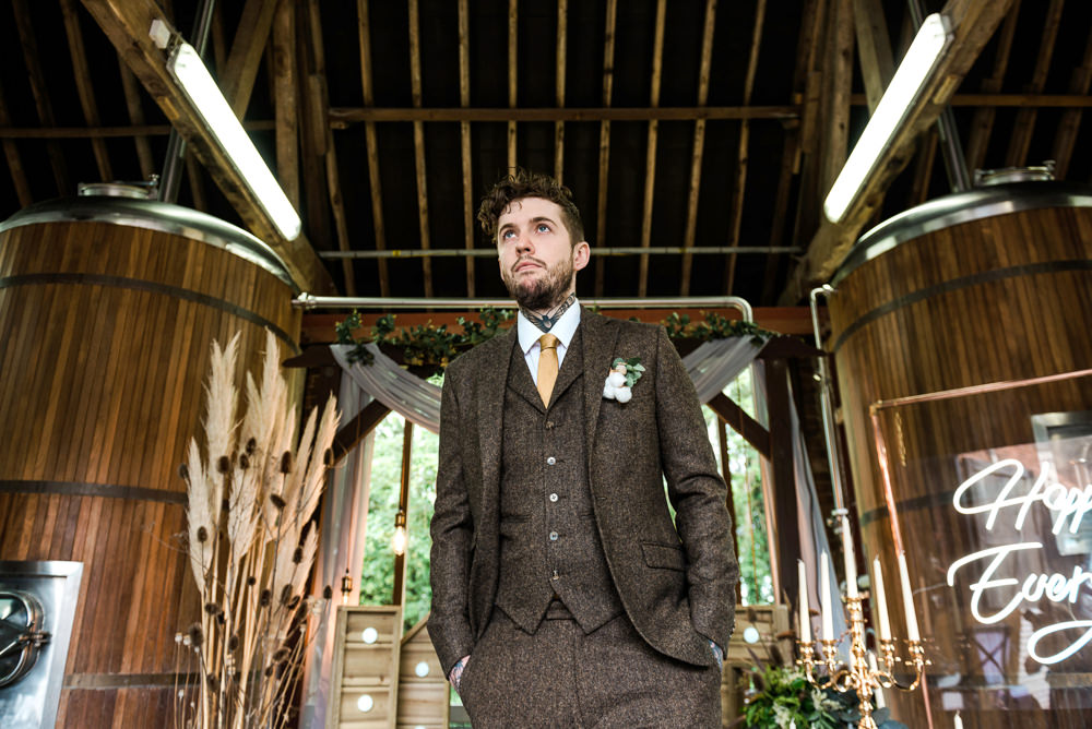 Groom Suit Brown Tweed Gold Tie Waistcoat Indie Wedding Ideas Kat Antos-Lewis Photography