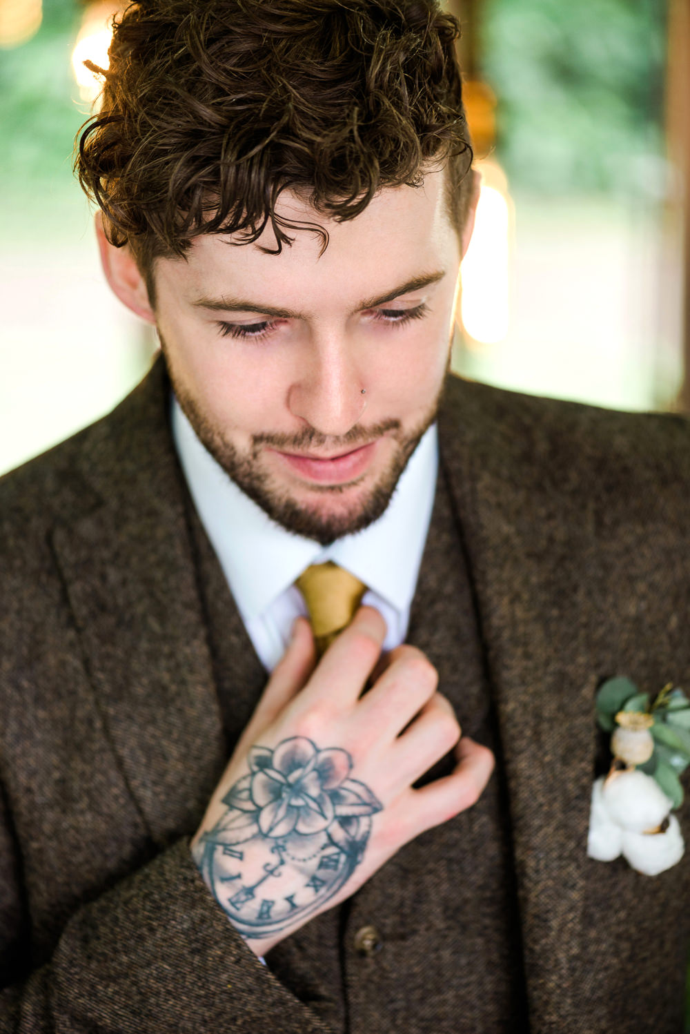 Groom Suit Brown Tweed Gold Tie Waistcoat Indie Wedding Ideas Kat Antos-Lewis Photography