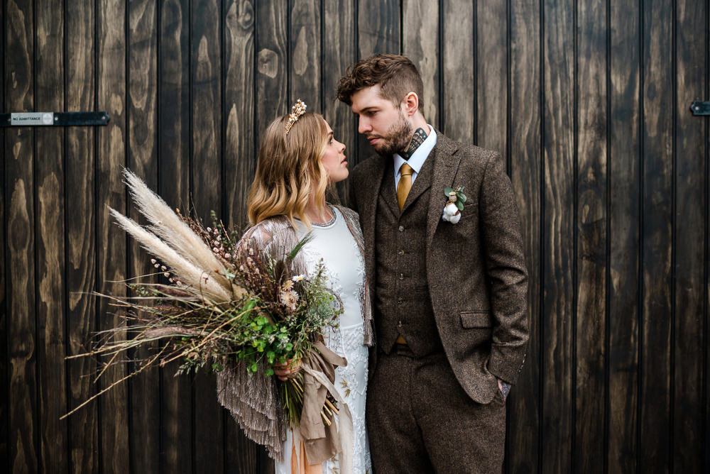 Bouquet Flowers Bride Bridal Ribbon Pampass Grass Dried Thistles Poppy Heads Seeds Indie Wedding Ideas Kat Antos-Lewis Photography