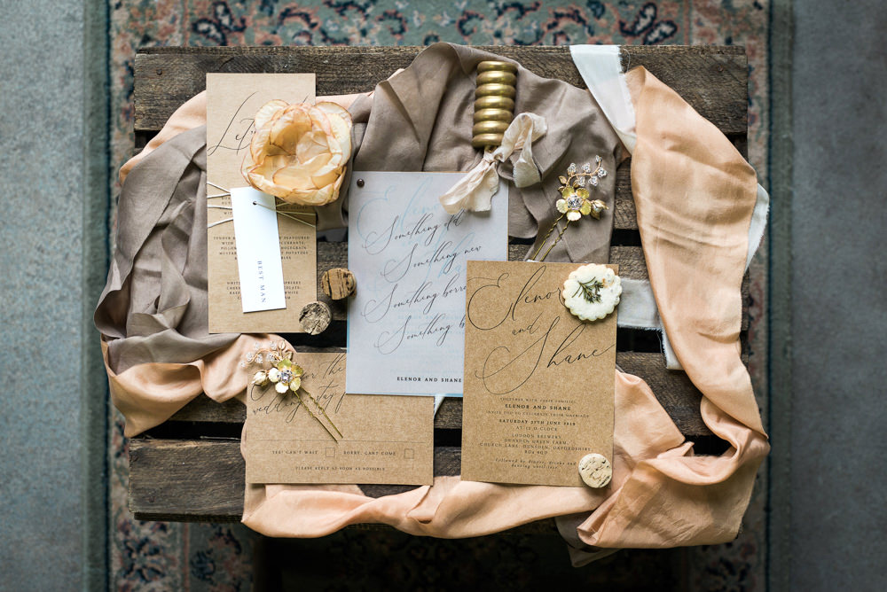 Stationery Invite Invitation Flat Lay Kraft Brown Paper Calligraphy Indie Wedding Ideas Kat Antos-Lewis Photography