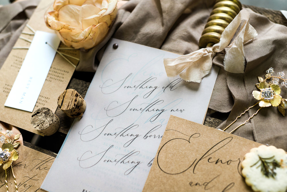 Stationery Invite Invitation Flat Lay Kraft Brown Paper Calligraphy Indie Wedding Ideas Kat Antos-Lewis Photography