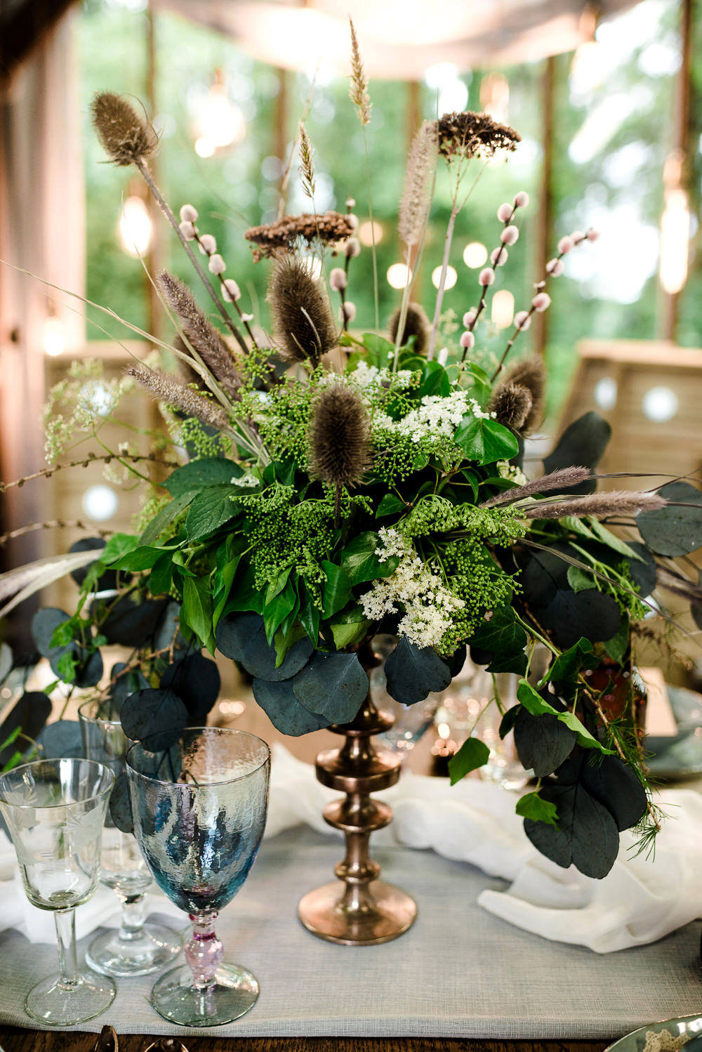 Table Flowers Centrepiece Decor Greeenery Foliage Dried Poppy Heads Seeds Thistle Indie Wedding Ideas Kat Antos-Lewis Photography
