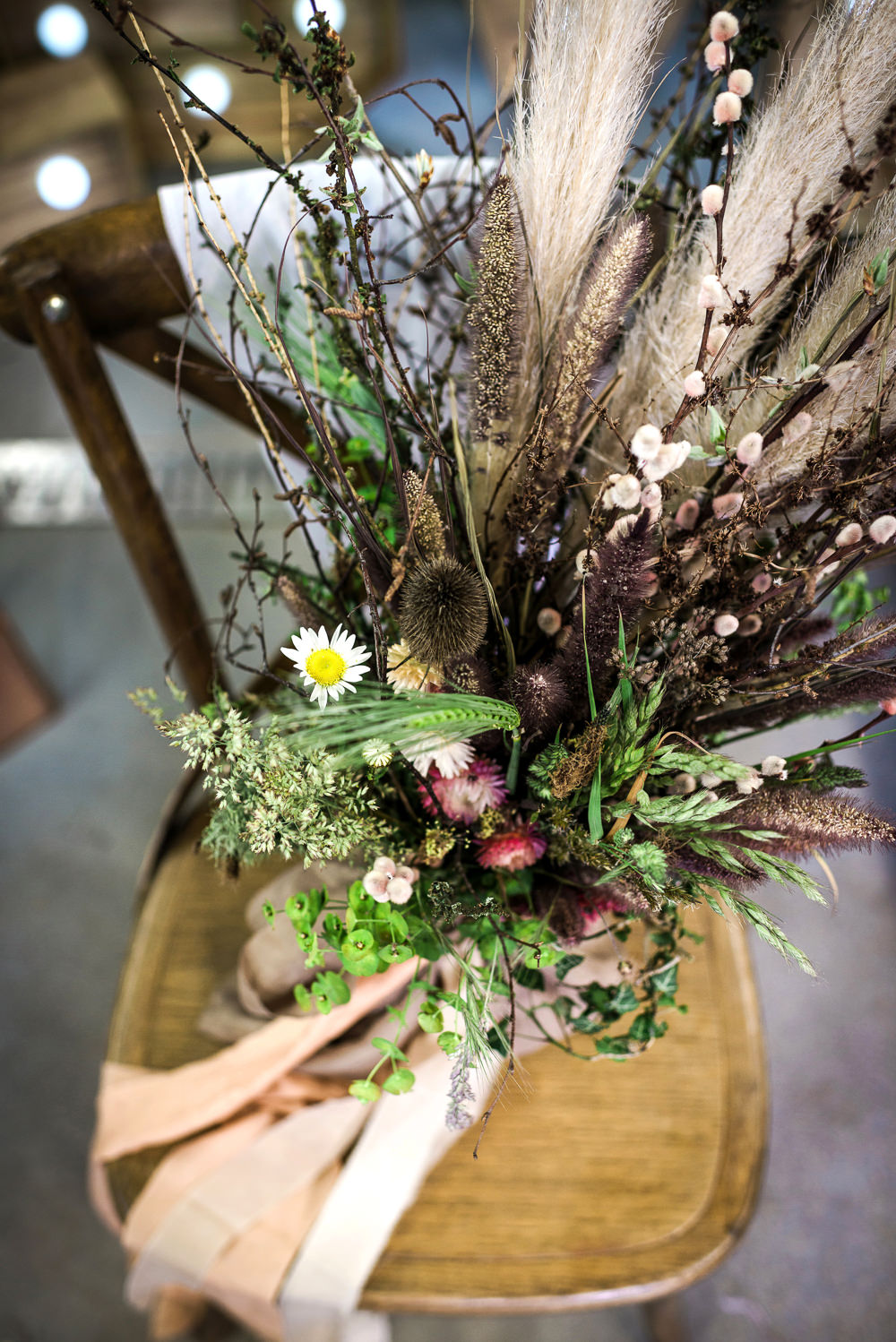 Bouquet Flowers Bride Bridal Ribbon Pampass Grass Dried Thistles Poppy Heads Seeds Indie Wedding Ideas Kat Antos-Lewis Photography