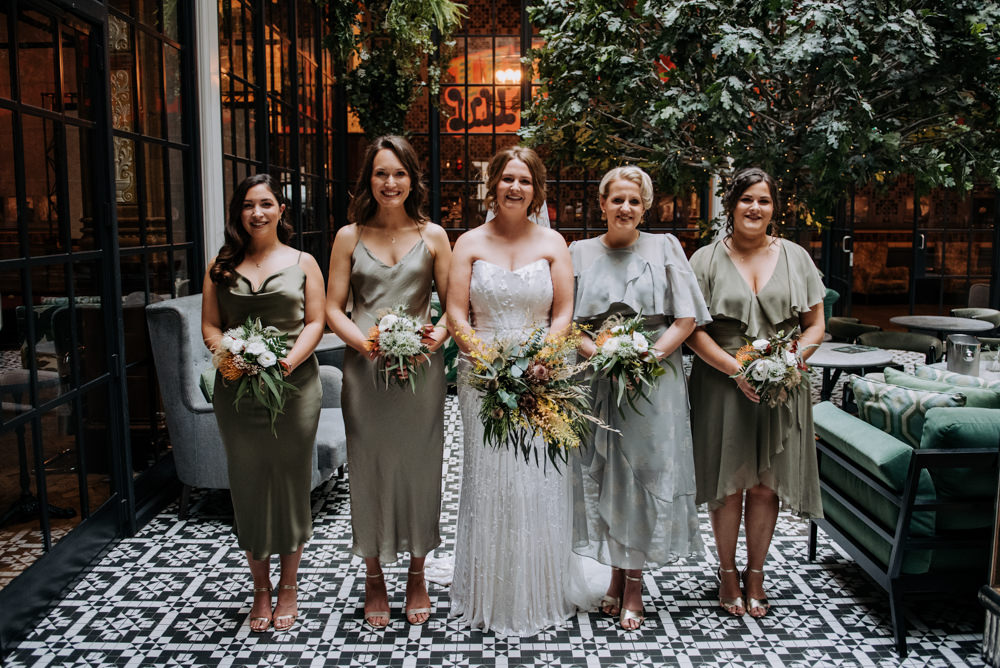Bride Bridal Strapless Sequin Embellished Dress Gown Train Veil Mismatched Olive Green Bridesmaids Manchester Wedding Kazooieloki Photography