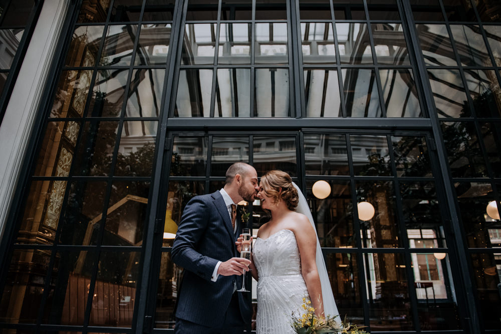 Bride Bridal Strapless Sequin Embellished Dress Gown Train Veil Navy Suit Groom Wildflower Bouquet Manchester Wedding Kazooieloki Photography
