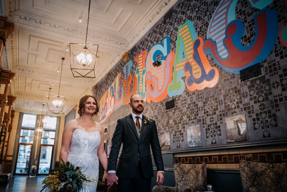 Bride Bridal Strapless Sequin Embellished Dress Gown Train Veil Navy Suit Groom Wildflower Bouquet Manchester Wedding Kazooieloki Photography