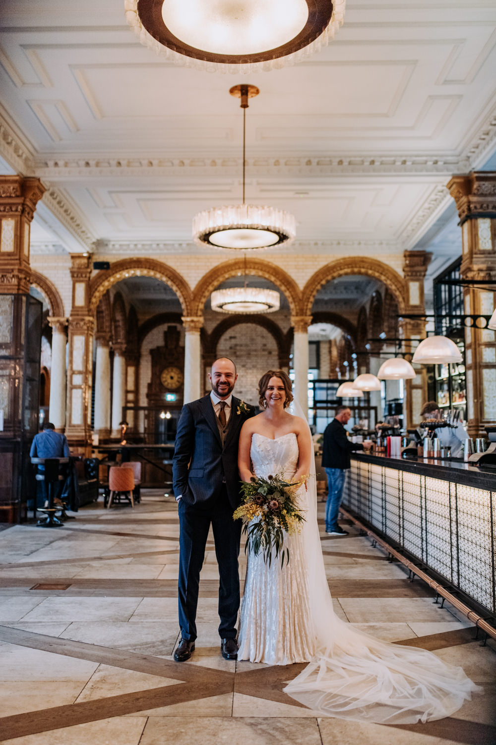 Bride Bridal Strapless Sequin Embellished Dress Gown Train Veil Navy Suit Groom Wildflower Bouquet Manchester Wedding Kazooieloki Photography