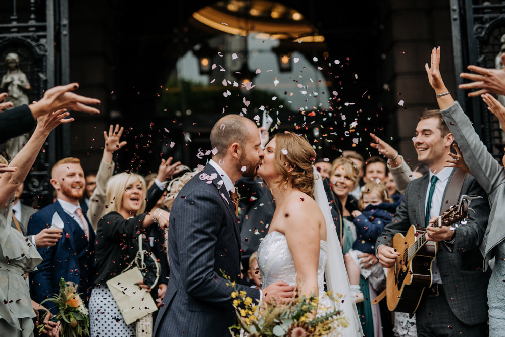 Bride Bridal Strapless Sequin Embellished Dress Gown Train Veil Navy Suit Groom Wildflower Bouquet Confetti Manchester Wedding Kazooieloki Photography