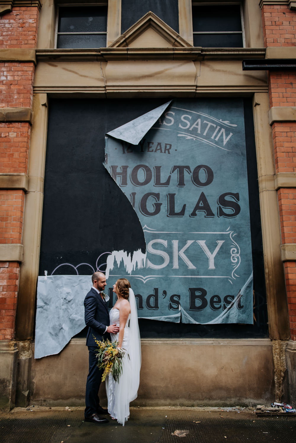 Bride Bridal Strapless Sequin Embellished Dress Gown Train Veil Navy Suit Groom Wildflower Bouquet City Backdrop Manchester Wedding Kazooieloki Photography