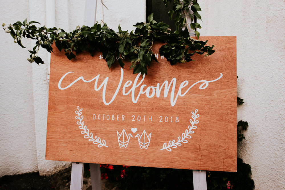 Welcome Sign Signage Signs Wooden Calligraphy Lettering Greenery North Yorkshire Pub Wedding Shutter Go Click Photography