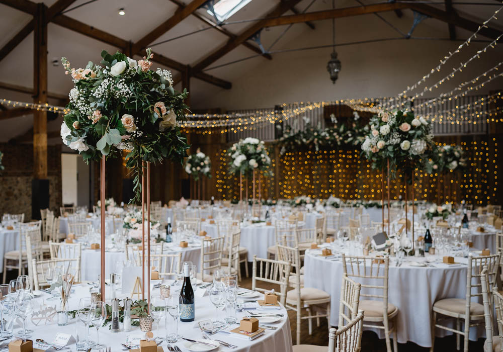 Tall Copper Flower Arrangements Centrepiece Decor Fairy Lights Oxnead Hall Wedding Luis Holden Photography
