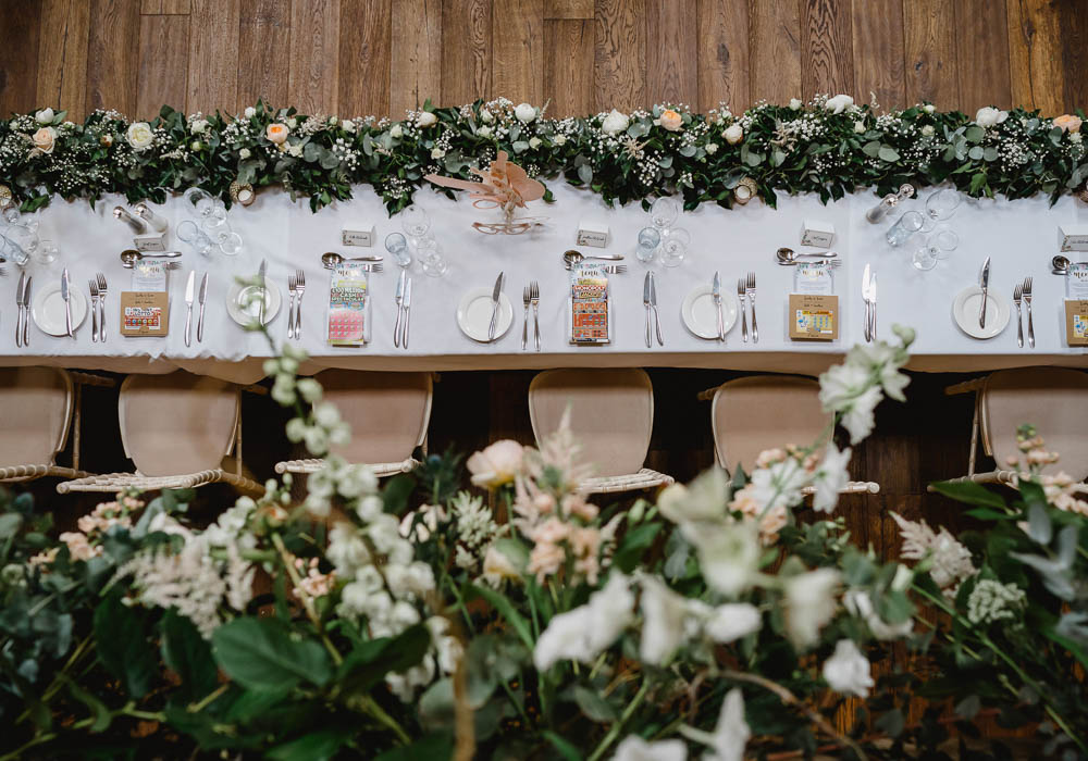 Table Flowers Decor Long Garland Swag Greenery Foliage Top Table Oxnead Hall Wedding Luis Holden Photography